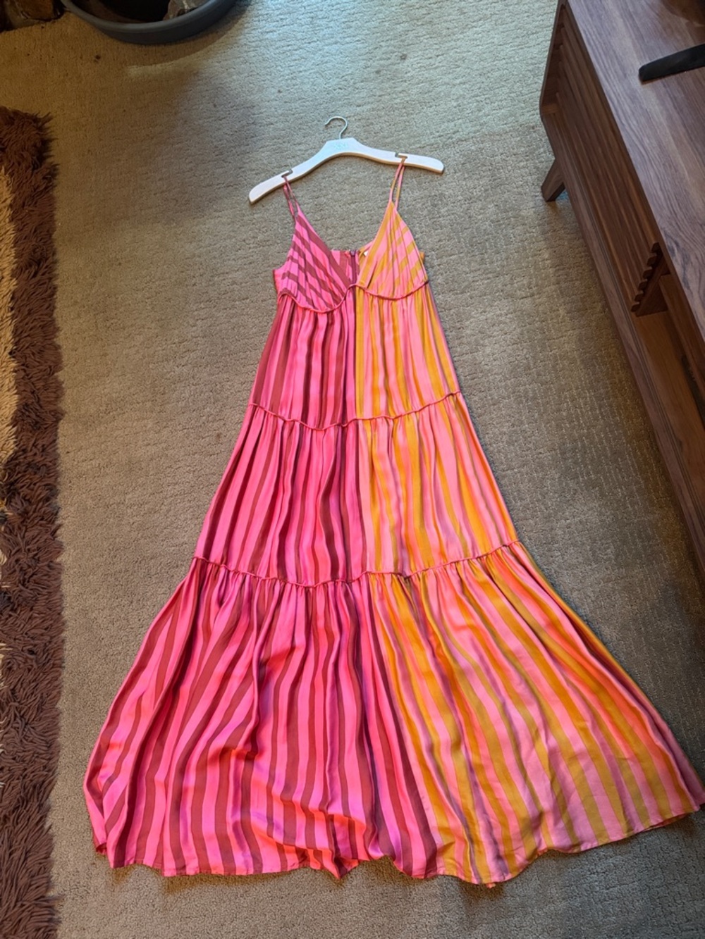 Farm RioTwo-Tone Pink & Orange Striped Tiered Maxi Dress